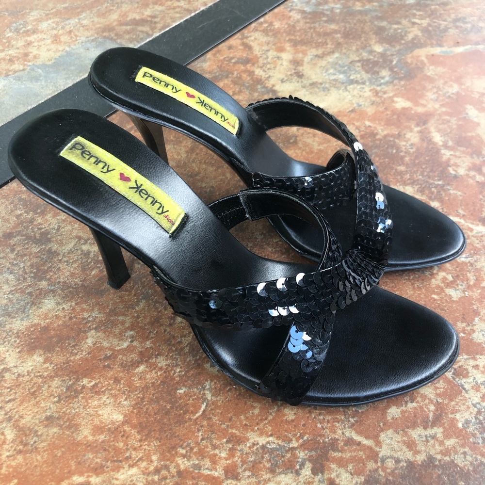 Black 4” Sequin Sandals by Penny Loves Kenny. 7.5